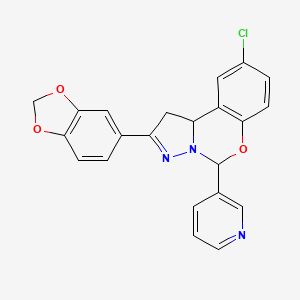 molecular formula C22H16ClN3O3 B2626762 2-(benzo[d][1,3]dioxol-5-yl)-9-chloro-5-(pyridin-3-yl)-5,10b-dihydro-1H-benzo[e]pyrazolo[1,5-c][1,3]oxazine CAS No. 899728-80-4