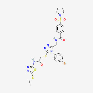 molecular formula C26H27BrN8O4S4 B2626775 N-{[4-(4-bromophenyl)-5-[({[5-(ethylsulfanyl)-1,3,4-thiadiazol-2-yl]carbamoyl}methyl)sulfanyl]-4H-1,2,4-triazol-3-yl]methyl}-4-(pyrrolidine-1-sulfonyl)benzamide CAS No. 394213-79-7