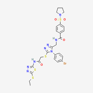 molecular formula C26H27BrN8O4S4 B2626775 N-[[4-(4-bromophenyl)-5-[2-[(5-ethylsulfanyl-1,3,4-thiadiazol-2-yl)amino]-2-oxoethyl]sulfanyl-1,2,4-triazol-3-yl]methyl]-4-pyrrolidin-1-ylsulfonylbenzamide CAS No. 394213-79-7