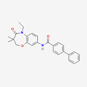 molecular formula C26H26N2O3 B2626866 N-(5-ethyl-3,3-dimethyl-4-oxo-2,3,4,5-tetrahydrobenzo[b][1,4]oxazepin-8-yl)-[1,1'-biphenyl]-4-carboxamide CAS No. 921793-79-5