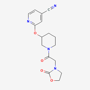 molecular formula C16H18N4O4 B2626874 2-((1-(2-(2-氧代噁唑啉-3-基)乙酰)哌啶-3-基)氧基)吡啶-4-甲腈 CAS No. 2034580-43-1