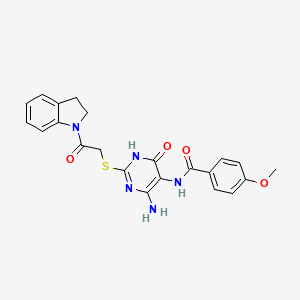 molecular formula C22H21N5O4S B2626892 N-(4-amino-2-((2-(indolin-1-yl)-2-oxoethyl)thio)-6-oxo-1,6-dihydropyrimidin-5-yl)-4-methoxybenzamide CAS No. 872597-36-9