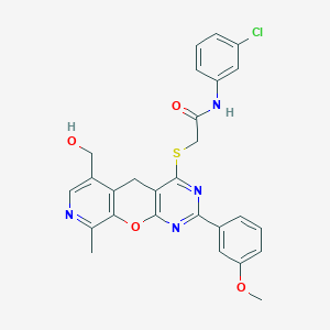 molecular formula C27H23ClN4O4S B2627083 N-(3-chlorophenyl)-2-[[11-(hydroxymethyl)-5-(3-methoxyphenyl)-14-methyl-2-oxa-4,6,13-triazatricyclo[8.4.0.03,8]tetradeca-1(10),3(8),4,6,11,13-hexaen-7-yl]sulfanyl]acetamide CAS No. 892381-24-7