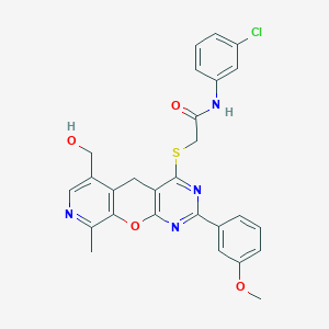molecular formula C27H23ClN4O4S B2627083 N-(3-chlorophenyl)-2-((6-(hydroxymethyl)-2-(3-methoxyphenyl)-9-methyl-5H-pyrido[4',3':5,6]pyrano[2,3-d]pyrimidin-4-yl)thio)acetamide CAS No. 892381-24-7