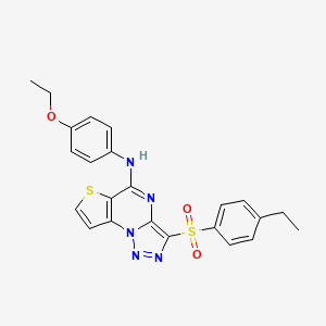 molecular formula C23H21N5O3S2 B2627337 N-(4-ethoxyphenyl)-10-(4-ethylbenzenesulfonyl)-5-thia-1,8,11,12-tetraazatricyclo[7.3.0.0^{2,6}]dodeca-2(6),3,7,9,11-pentaen-7-amine CAS No. 892743-81-6