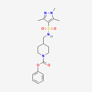 molecular formula C19H26N4O4S B2627519 phenyl 4-((1,3,5-trimethyl-1H-pyrazole-4-sulfonamido)methyl)piperidine-1-carboxylate CAS No. 1428362-82-6