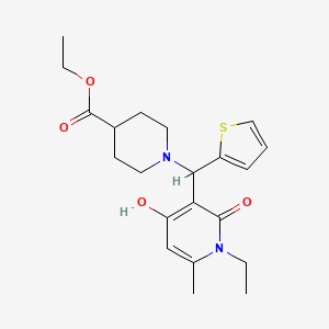 molecular formula C21H28N2O4S B2627675 Ethyl 1-((1-ethyl-4-hydroxy-6-methyl-2-oxo-1,2-dihydropyridin-3-yl)(thiophen-2-yl)methyl)piperidine-4-carboxylate CAS No. 939242-77-0