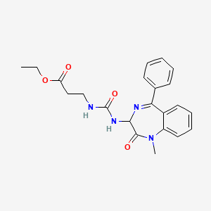 molecular formula C22H24N4O4 B2627881 ethyl 3-((N-(2,5-diaza-2-methyl-3-oxo-6-phenylbicyclo[5.4.0]undeca-1(7),5,8,10-tetraen-4-yl)carbamoyl)amino)propanoate CAS No. 1796915-54-2