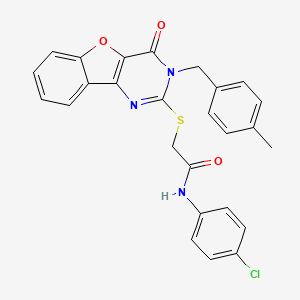 molecular formula C26H20ClN3O3S B2627888 N-(4-chlorophenyl)-2-({5-[(4-methylphenyl)methyl]-6-oxo-8-oxa-3,5-diazatricyclo[7.4.0.0^{2,7}]trideca-1(9),2(7),3,10,12-pentaen-4-yl}sulfanyl)acetamide CAS No. 866846-12-0