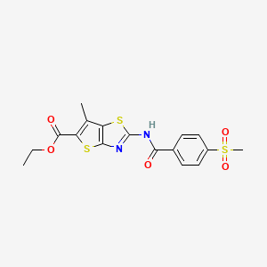 molecular formula C17H16N2O5S3 B2627895 ethyl 2-(4-methanesulfonylbenzamido)-6-methylthieno[2,3-d][1,3]thiazole-5-carboxylate CAS No. 896346-05-7