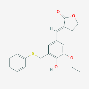 molecular formula C20H20O4S B026279 Dihydro-3-((3-ethoxy-4-hydroxy-5-((phenylthio)methyl)phenyl)methylene)-2(3H)-furanone CAS No. 107788-12-5