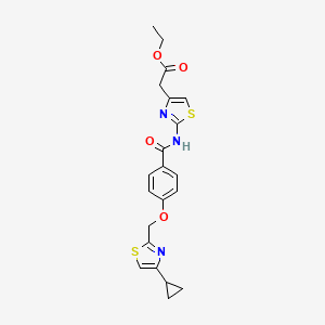 molecular formula C21H21N3O4S2 B2627942 Ethyl 2-(2-(4-((4-cyclopropylthiazol-2-yl)methoxy)benzamido)thiazol-4-yl)acetate CAS No. 1251635-23-0