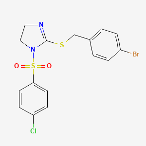 molecular formula C16H14BrClN2O2S2 B2628039 2-[(4-Bromophenyl)methylsulfanyl]-1-(4-chlorophenyl)sulfonyl-4,5-dihydroimidazole CAS No. 868217-08-7