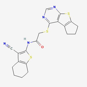 molecular formula C20H18N4OS3 B2628098 N-(3-cyano-4,5,6,7-tetrahydrobenzo[b]thiophen-2-yl)-2-((6,7-dihydro-5H-cyclopenta[4,5]thieno[2,3-d]pyrimidin-4-yl)thio)acetamide CAS No. 378193-90-9