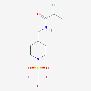 molecular formula C10H16ClF3N2O3S B2628198 2-Chloro-N-[[1-(trifluoromethylsulfonyl)piperidin-4-yl]methyl]propanamide CAS No. 2411289-87-5
