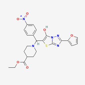molecular formula C23H23N5O6S B2628252 Ethyl 1-((2-(furan-2-yl)-6-hydroxythiazolo[3,2-b][1,2,4]triazol-5-yl)(4-nitrophenyl)methyl)piperidine-4-carboxylate CAS No. 896292-02-7