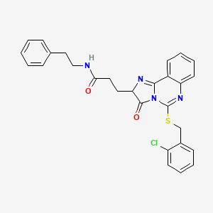 molecular formula C28H25ClN4O2S B2628378 3-(5-{[(2-chlorophenyl)methyl]sulfanyl}-3-oxo-2H,3H-imidazo[1,2-c]quinazolin-2-yl)-N-(2-phenylethyl)propanamide CAS No. 1037289-05-6