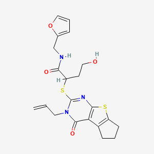 molecular formula C21H23N3O4S2 B2628425 N-[(furan-2-yl)methyl]-4-hydroxy-2-{[12-oxo-11-(prop-2-en-1-yl)-7-thia-9,11-diazatricyclo[6.4.0.0^{2,6}]dodeca-1(8),2(6),9-trien-10-yl]sulfanyl}butanamide CAS No. 446278-62-2