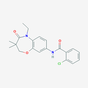 molecular formula C20H21ClN2O3 B2628622 2-chloro-N-(5-ethyl-3,3-dimethyl-4-oxo-2,3,4,5-tetrahydro-1,5-benzoxazepin-8-yl)benzamide CAS No. 921793-61-5