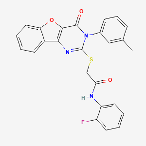 molecular formula C25H18FN3O3S B2628642 N-(2-fluorophenyl)-2-{[5-(3-methylphenyl)-6-oxo-8-oxa-3,5-diazatricyclo[7.4.0.0^{2,7}]trideca-1(9),2(7),3,10,12-pentaen-4-yl]sulfanyl}acetamide CAS No. 872207-95-9