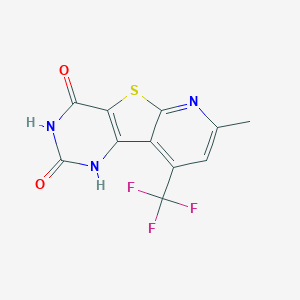 molecular formula C11H6F3N3O2S B2628725 6-Hydroxy-11-methyl-13-(trifluoromethyl)-8-thia-3,5,10-triazatricyclo[7.4.0.0^{2,7}]trideca-1(9),2(7),5,10,12-pentaen-4-one CAS No. 674804-56-9