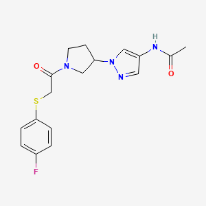 molecular formula C17H19FN4O2S B2629094 N-[1-(1-{2-[(4-fluorophenyl)sulfanyl]acetyl}pyrrolidin-3-yl)-1H-pyrazol-4-yl]acetamide CAS No. 2415518-32-8