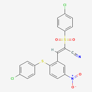 molecular formula C21H12Cl2N2O4S2 B2629287 (2E)-2-(4-chlorobenzenesulfonyl)-3-{2-[(4-chlorophenyl)sulfanyl]-5-nitrophenyl}prop-2-enenitrile CAS No. 1025281-49-5