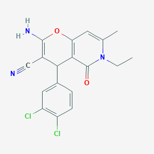 molecular formula C18H15Cl2N3O2 B2629352 2-amino-4-(3,4-dichlorophenyl)-6-ethyl-7-methyl-5-oxo-5,6-dihydro-4H-pyrano[3,2-c]pyridine-3-carbonitrile CAS No. 825661-86-7