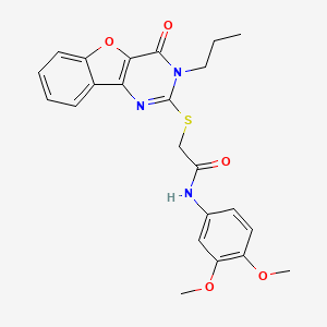 molecular formula C23H23N3O5S B2629357 N-(3,4-dimethoxyphenyl)-2-({6-oxo-5-propyl-8-oxa-3,5-diazatricyclo[7.4.0.0^{2,7}]trideca-1(9),2(7),3,10,12-pentaen-4-yl}sulfanyl)acetamide CAS No. 899755-79-4