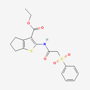 molecular formula C18H19NO5S2 B2629402 ethyl 2-(2-(phenylsulfonyl)acetamido)-5,6-dihydro-4H-cyclopenta[b]thiophene-3-carboxylate CAS No. 895458-25-0