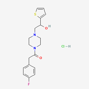 molecular formula C18H22ClFN2O2S B2629413 2-(4-Fluorophenyl)-1-(4-(2-hydroxy-2-(thiophen-2-yl)ethyl)piperazin-1-yl)ethanone hydrochloride CAS No. 1351608-04-2