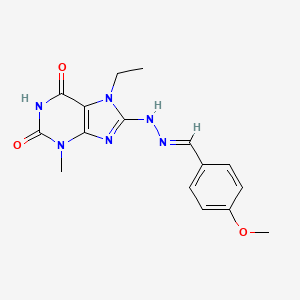molecular formula C16H18N6O3 B2629425 8-{[(1E)-2-(4-methoxyphenyl)-1-azavinyl]amino}-7-ethyl-3-methyl-1,3,7-trihydro purine-2,6-dione CAS No. 1321752-50-4