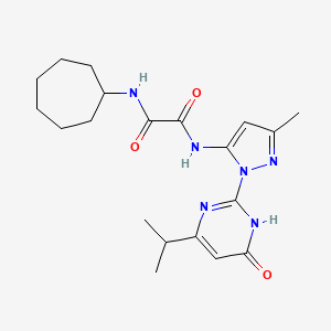 molecular formula C20H28N6O3 B2629467 N1-cycloheptyl-N2-(1-(4-isopropyl-6-oxo-1,6-dihydropyrimidin-2-yl)-3-methyl-1H-pyrazol-5-yl)oxalamide CAS No. 1013891-05-8