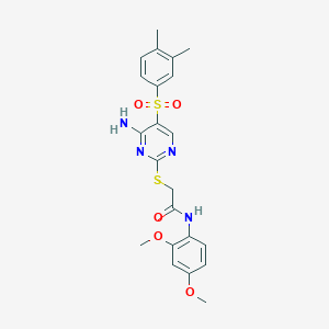 molecular formula C22H24N4O5S2 B2629472 2-{[4-AMINO-5-(3,4-DIMETHYLBENZENESULFONYL)PYRIMIDIN-2-YL]SULFANYL}-N-(2,4-DIMETHOXYPHENYL)ACETAMIDE CAS No. 894950-38-0