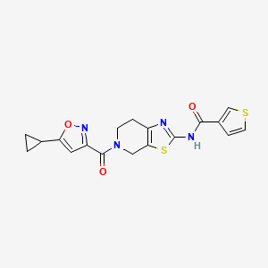 molecular formula C18H16N4O3S2 B2629518 N-(5-(5-cyclopropylisoxazole-3-carbonyl)-4,5,6,7-tetrahydrothiazolo[5,4-c]pyridin-2-yl)thiophene-3-carboxamide CAS No. 1798483-87-0