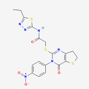 molecular formula C18H16N6O4S3 B2629693 N-(5-ethyl-1,3,4-thiadiazol-2-yl)-2-((3-(4-nitrophenyl)-4-oxo-3,4,6,7-tetrahydrothieno[3,2-d]pyrimidin-2-yl)thio)acetamide CAS No. 687567-94-8