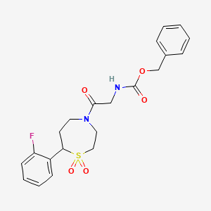 molecular formula C21H23FN2O5S B2629716 Benzyl (2-(7-(2-fluorophenyl)-1,1-dioxido-1,4-thiazepan-4-yl)-2-oxoethyl)carbamate CAS No. 2034336-76-8