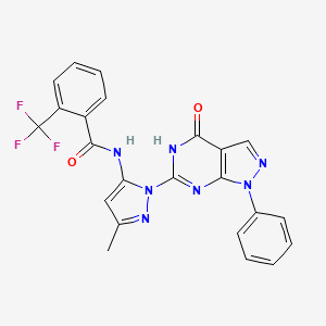 molecular formula C23H16F3N7O2 B2629758 N-(3-methyl-1-(4-oxo-1-phenyl-4,5-dihydro-1H-pyrazolo[3,4-d]pyrimidin-6-yl)-1H-pyrazol-5-yl)-2-(trifluoromethyl)benzamide CAS No. 1019097-42-7