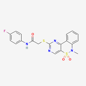 molecular formula C19H15FN4O3S2 B2629782 N-(4-fluorophenyl)-2-((6-methyl-5,5-dioxido-6H-benzo[c]pyrimido[4,5-e][1,2]thiazin-2-yl)thio)acetamide CAS No. 895102-33-7