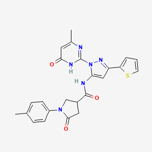 molecular formula C24H22N6O3S B2629785 N-(1-(4-methyl-6-oxo-1,6-dihydropyrimidin-2-yl)-3-(thiophen-2-yl)-1H-pyrazol-5-yl)-5-oxo-1-(p-tolyl)pyrrolidine-3-carboxamide CAS No. 1171706-91-4