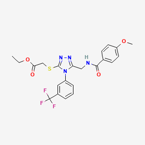 molecular formula C22H21F3N4O4S B2629817 ethyl 2-((5-((4-methoxybenzamido)methyl)-4-(3-(trifluoromethyl)phenyl)-4H-1,2,4-triazol-3-yl)thio)acetate CAS No. 476451-44-2
