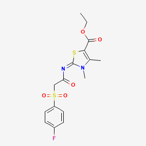 molecular formula C16H17FN2O5S2 B2629847 ethyl (2E)-2-{[2-(4-fluorobenzenesulfonyl)acetyl]imino}-3,4-dimethyl-2,3-dihydro-1,3-thiazole-5-carboxylate CAS No. 895474-77-8