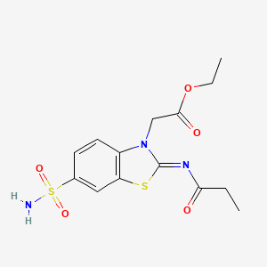 molecular formula C14H17N3O5S2 B2629851 Ethyl 2-(2-propanoylimino-6-sulfamoyl-1,3-benzothiazol-3-yl)acetate CAS No. 865248-11-9