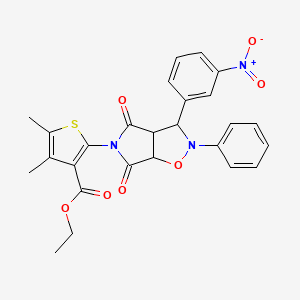 molecular formula C26H23N3O7S B2629869 ethyl 4,5-dimethyl-2-[3-(3-nitrophenyl)-4,6-dioxo-2-phenyl-hexahydro-2H-pyrrolo[3,4-d][1,2]oxazol-5-yl]thiophene-3-carboxylate CAS No. 909008-43-1