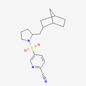 molecular formula C18H23N3O2S B2629876 5-[2-(2-Bicyclo[2.2.1]heptanylmethyl)pyrrolidin-1-yl]sulfonylpyridine-2-carbonitrile CAS No. 2135280-46-3
