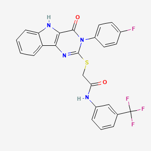 molecular formula C25H16F4N4O2S B2629883 2-[[3-(4-fluorophenyl)-4-oxo-5H-pyrimido[5,4-b]indol-2-yl]sulfanyl]-N-[3-(trifluoromethyl)phenyl]acetamide CAS No. 536711-54-3