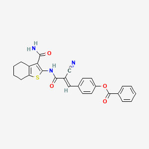 molecular formula C26H21N3O4S B2629910 (E)-4-(3-((3-carbamoyl-4,5,6,7-tetrahydrobenzo[b]thiophen-2-yl)amino)-2-cyano-3-oxoprop-1-en-1-yl)phenyl benzoate CAS No. 469875-04-5
