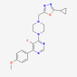 molecular formula C21H23FN6O2 B2629927 4-{4-[(5-Cyclopropyl-1,3,4-oxadiazol-2-yl)methyl]piperazin-1-yl}-5-fluoro-6-(4-methoxyphenyl)pyrimidine CAS No. 2379972-38-8
