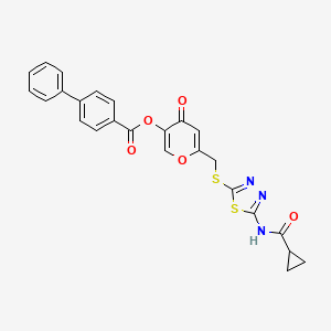molecular formula C25H19N3O5S2 B2629943 6-(((5-(环丙基甲酰氨基)-1,3,4-噻二唑-2-基)硫)甲基)-4-氧代-4H-吡喃-3-基 [1,1'-联苯]-4-甲酸酯 CAS No. 877651-56-4