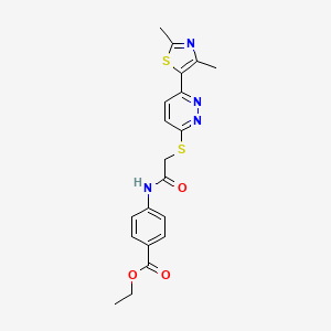 molecular formula C20H20N4O3S2 B2629975 ethyl 4-(2-{[6-(2,4-dimethyl-1,3-thiazol-5-yl)pyridazin-3-yl]sulfanyl}acetamido)benzoate CAS No. 894008-06-1